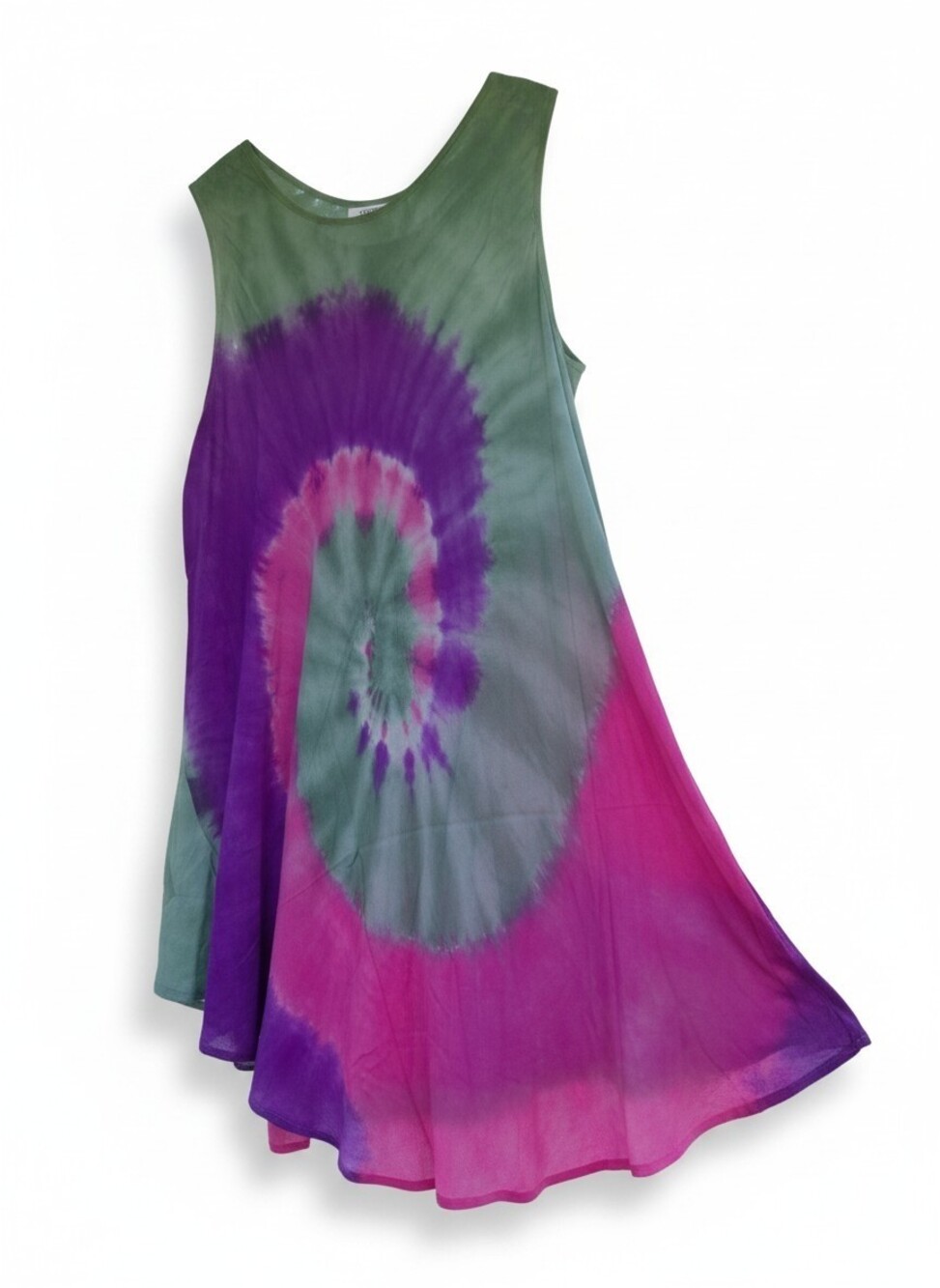 Spiral Tie-Dye Midi Boho Indian Dress in Aqua with Yellow & Blue - Aqua